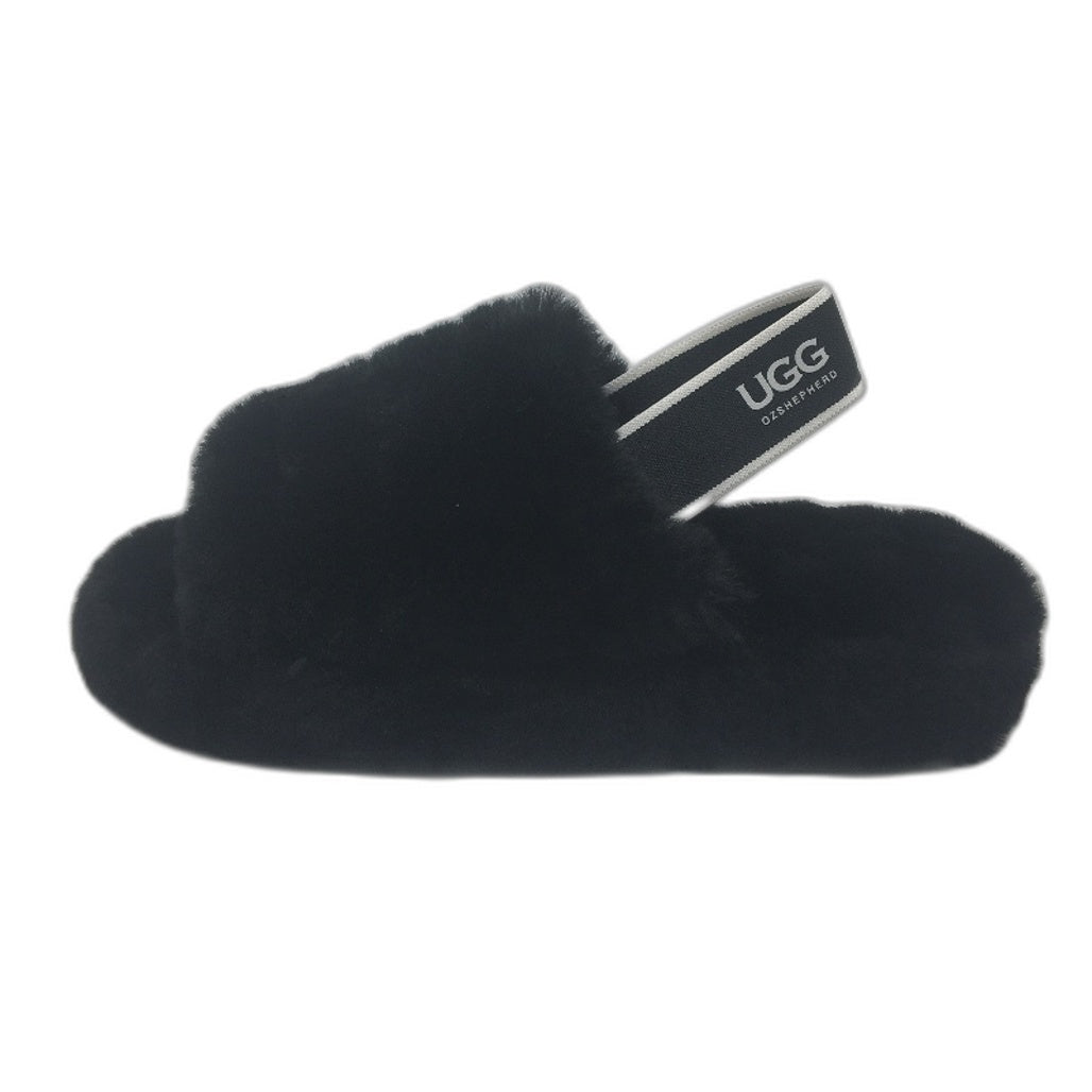 UGG Premium Fluffy Black Sheepskin 'Bella' Slides Ladies Size AU 7 NEW