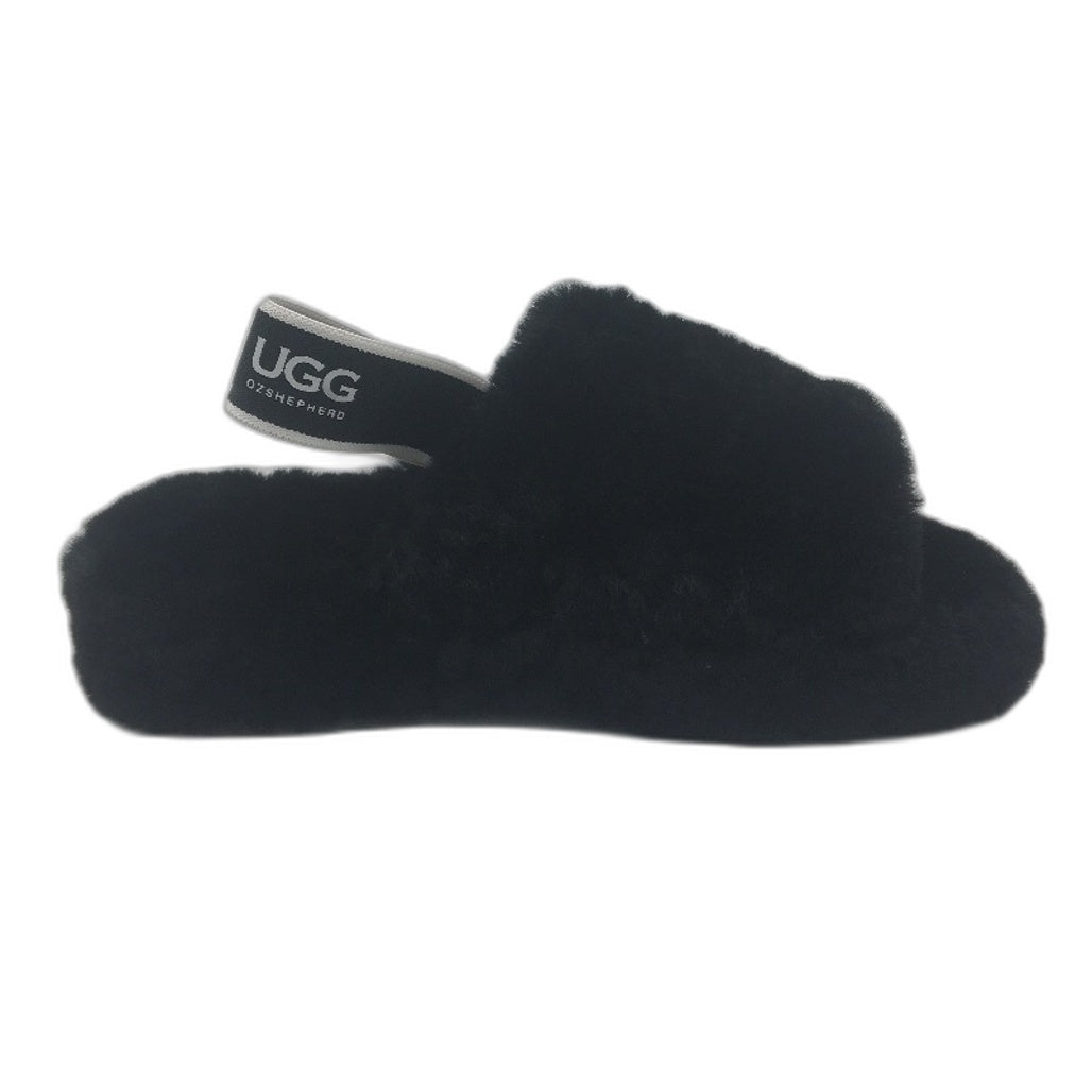 UGG Premium Fluffy Black Sheepskin 'Bella' Slides Ladies Size AU 7 NEW