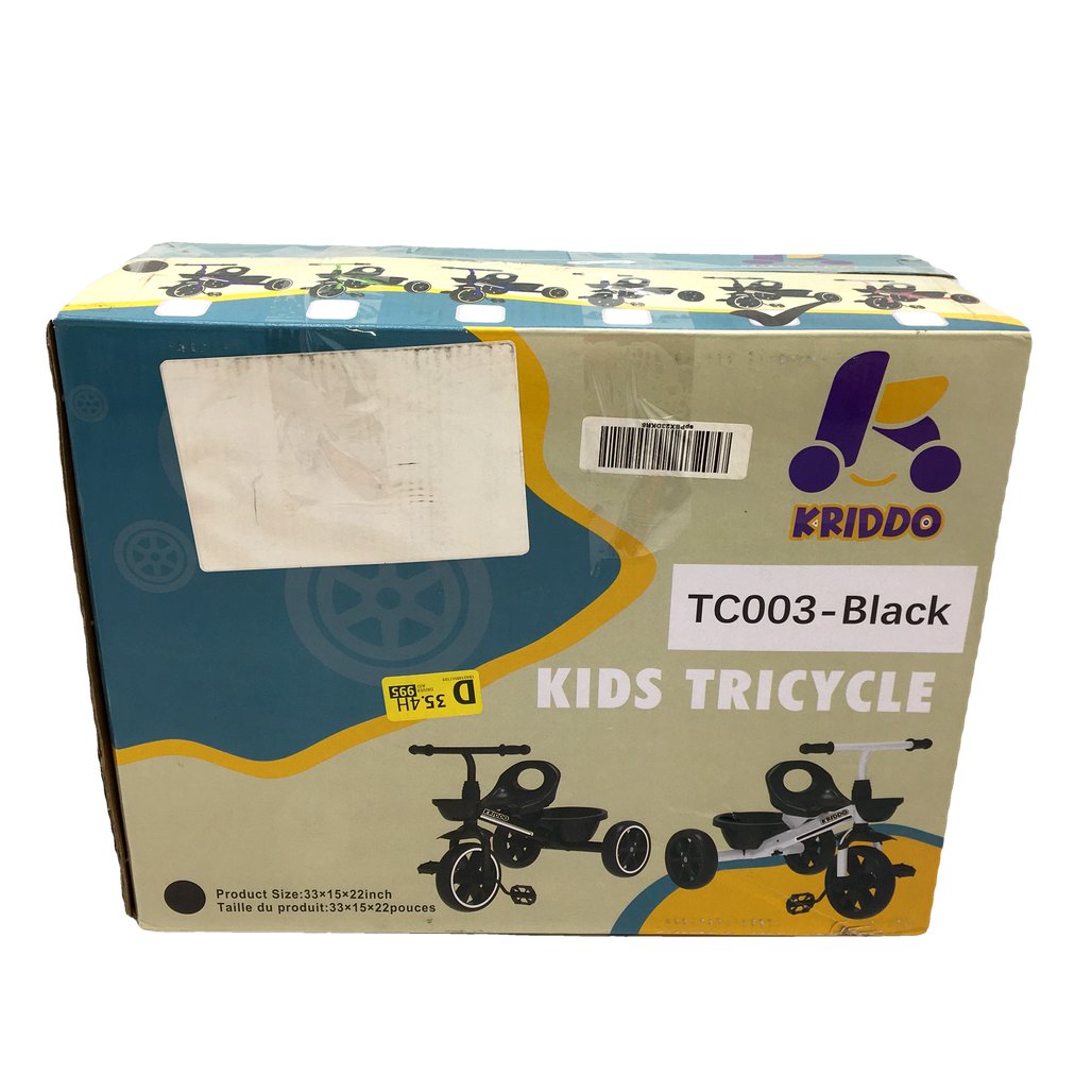 Kriddo TC003 Kids' Black Tricycle with Front & Back Baskets Ages 2-4 Years NEW