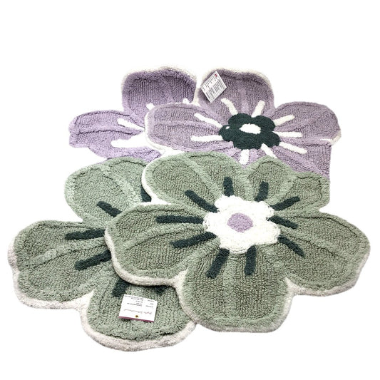 2 Pack 60x90cm Two Violet & Green Flower Cotton Bath Mats NEW