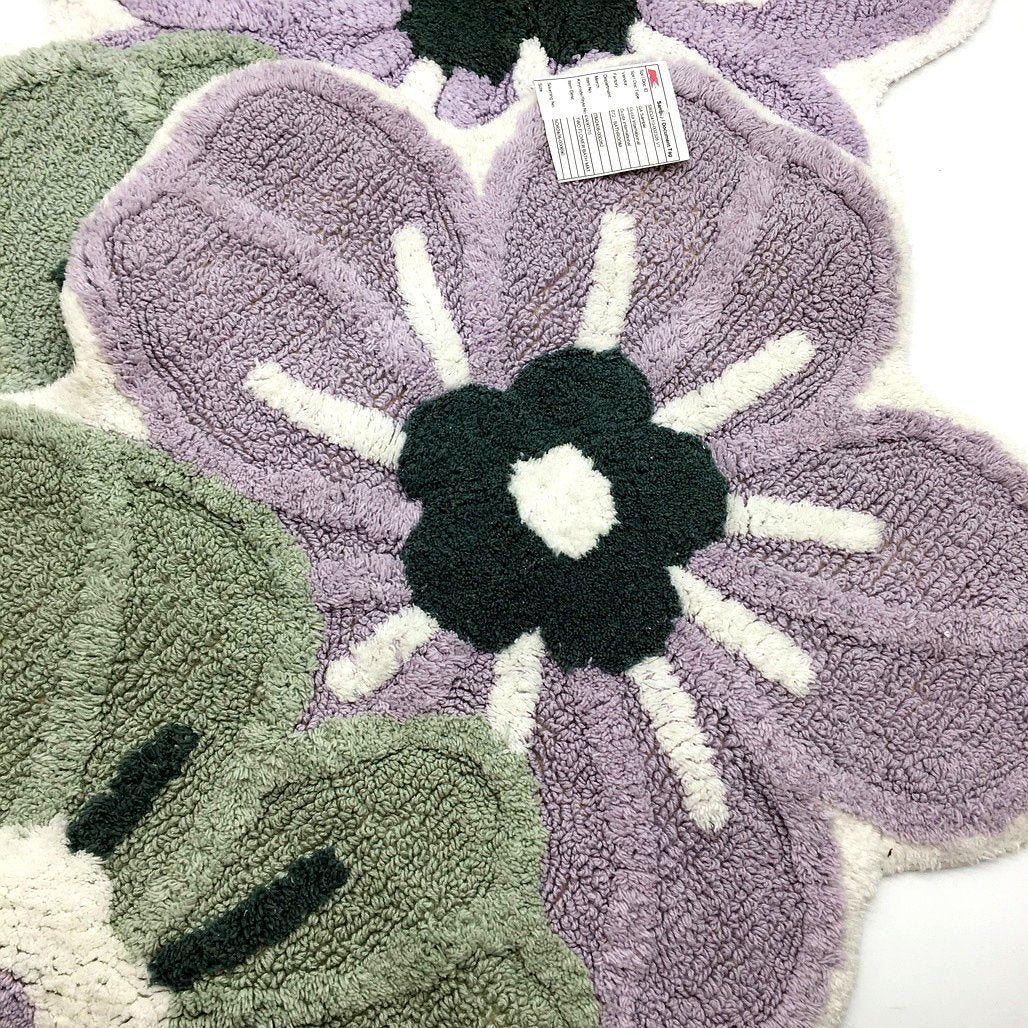 2 Pack 60x90cm Two Violet & Green Flower Cotton Bath Mats NEW