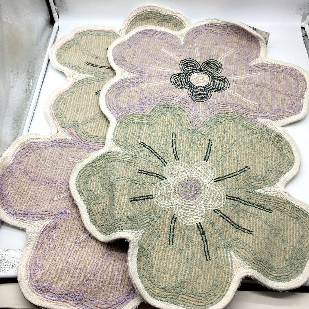 2 Pack 60x90cm Two Violet & Green Flower Cotton Bath Mats NEW