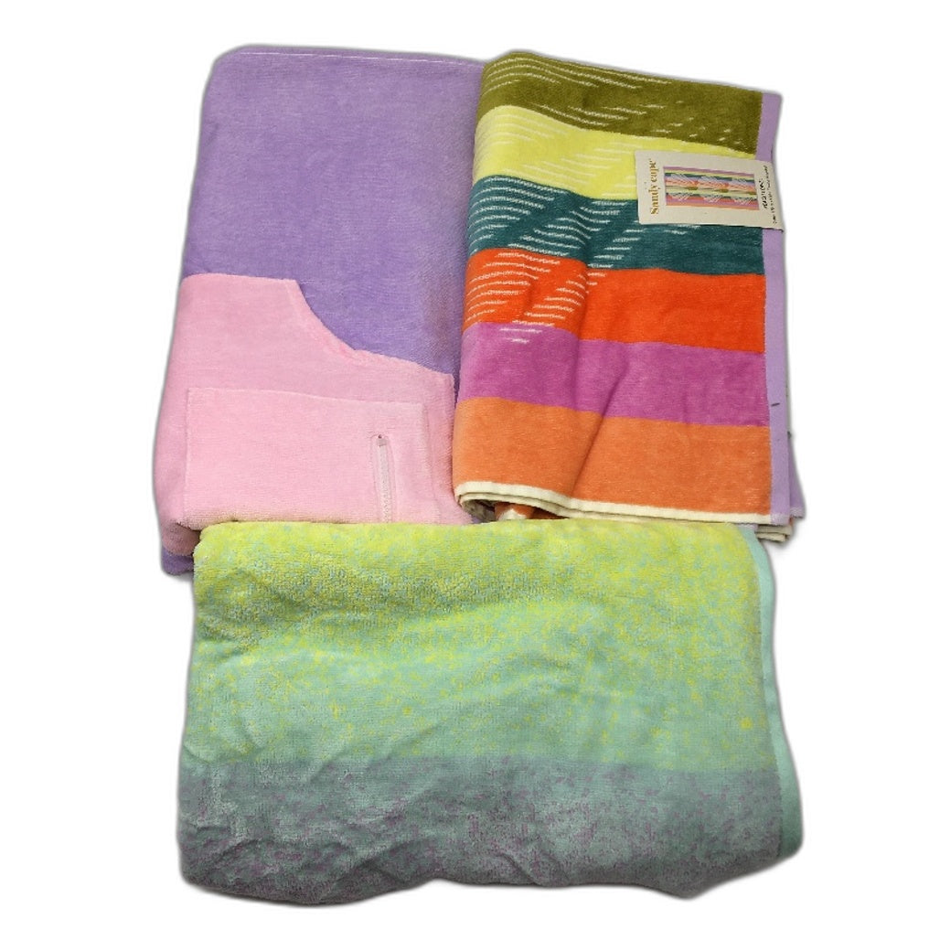 2pc Pastel Multicoloured Bath Towels & One Size Purple Hooded Poncho NEW