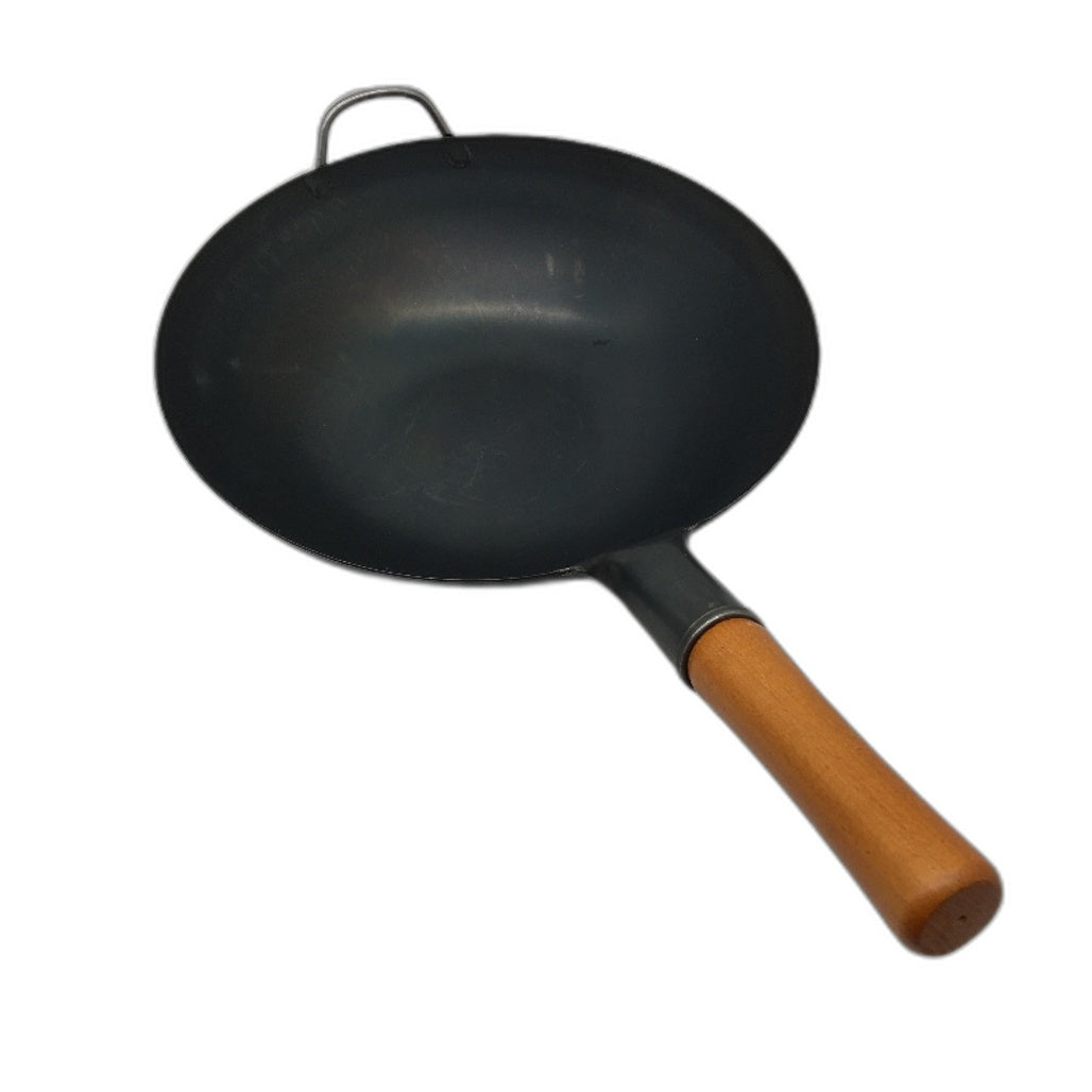 Yosukata 34cm Black Carbon Steel Pre-Seasoned Flat Bottom Chinese Wok NEW