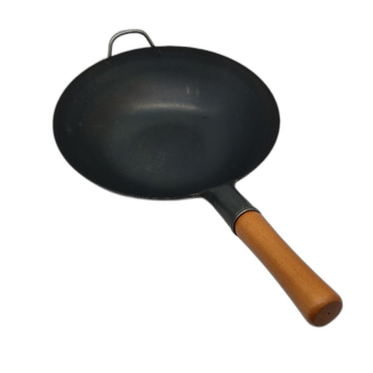 Yosukata 34cm Black Carbon Steel Pre-Seasoned Flat Bottom Chinese Wok NEW