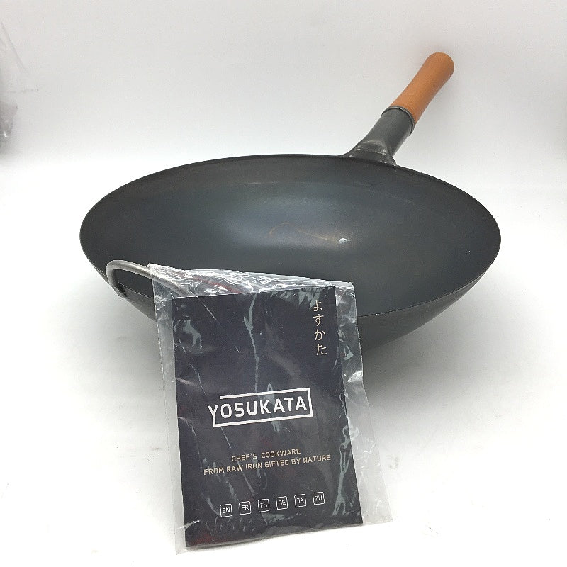 Yosukata 34cm Black Carbon Steel Pre-Seasoned Flat Bottom Chinese Wok NEW