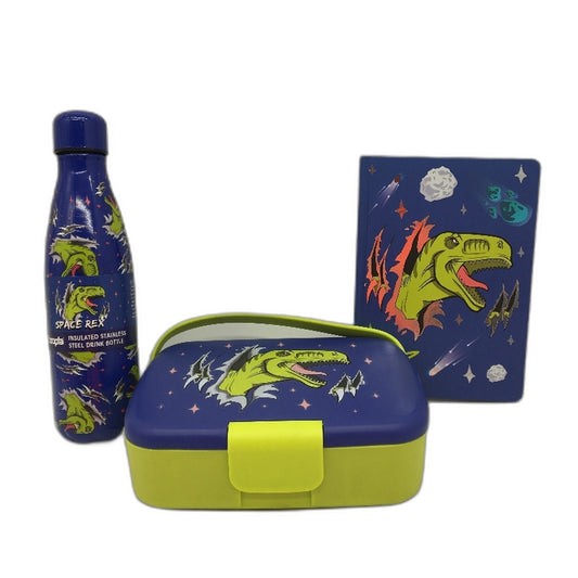 Hoopla Space Rex Steel Drink Bottle, Lunch Box and A5 Notebook Kids Bundle NEW