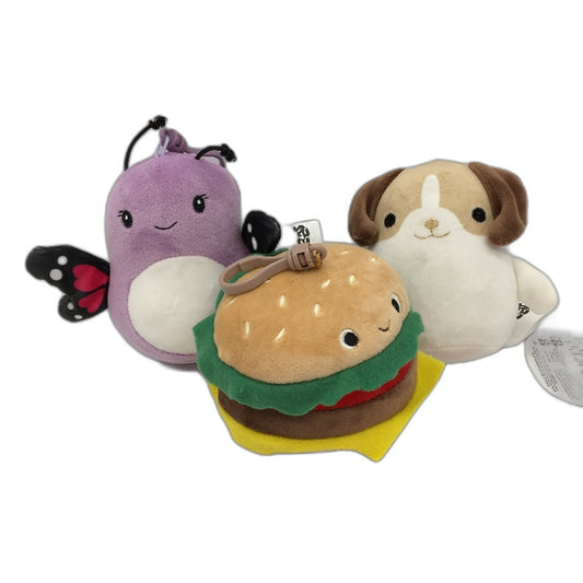 Squishees 3pc Reede Dog, Jaxon Burger & Lilah Butterfly Plush Toy Bag Tags Multicoloured - Polyester/Elastane Lightweight Portable NEW