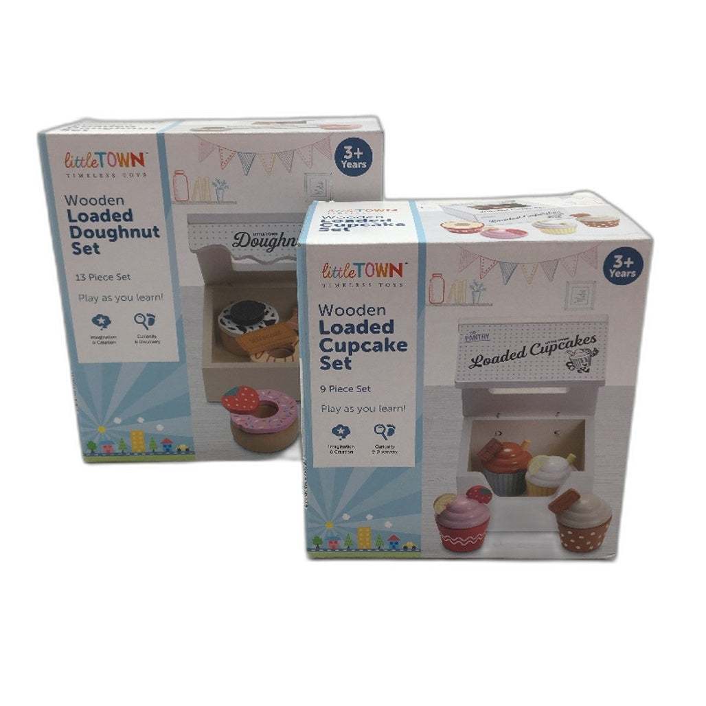 LittleTown Timeless Toys 2 Piece Wooden Loaded Cupcake & Doughnut Sets NEW