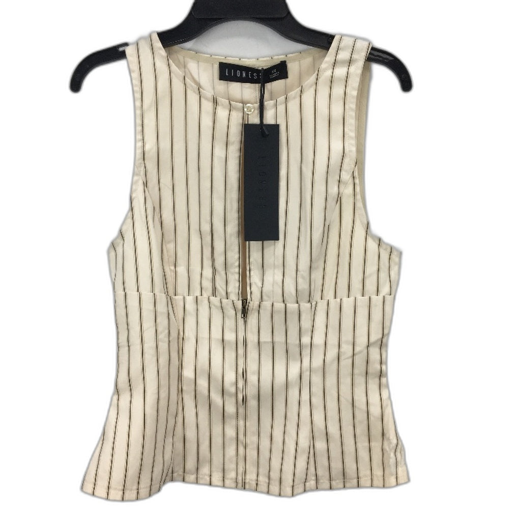 Cream & Brown Striped High Neck Bebe Top Zip Back Ladies Size XS - Cream Polyester Lightweight & Fast Shipping Lioness