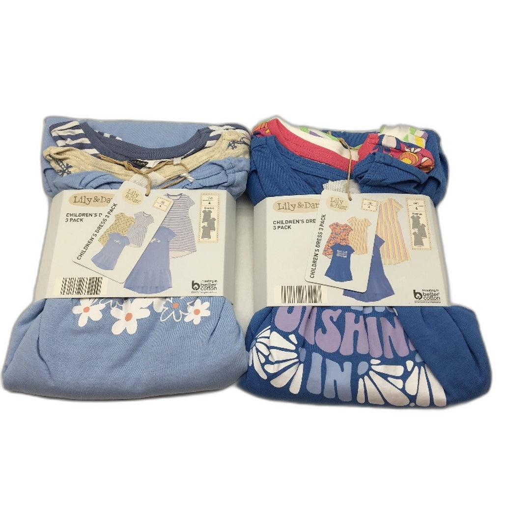 Lily & Dan 2 x 3Pks Fit & Flare 100% Cotton Multicoloured Girls Dresses Sz 4 - Lightweight Cotton Fast Shipping NEW