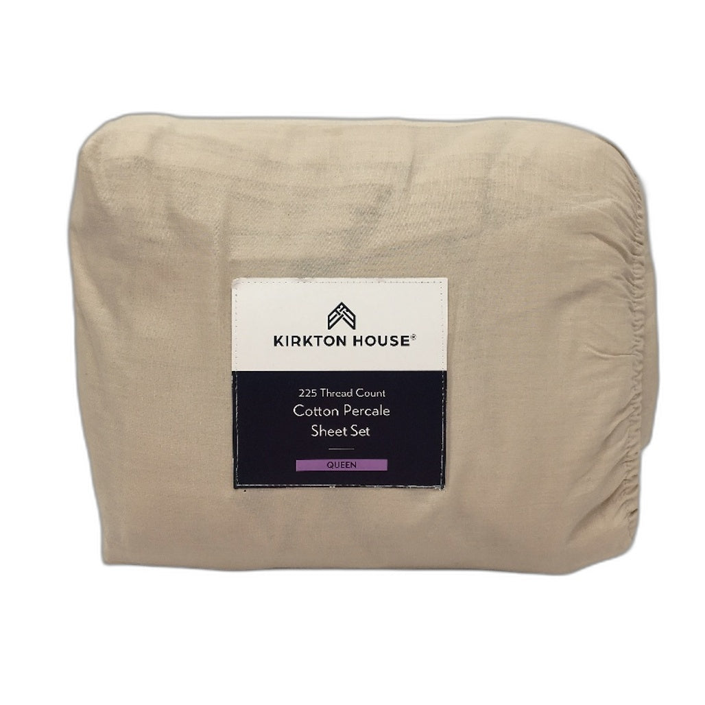 Kirkton House Taupe 225 Thread Count Cotton Percale Sheet Set QUEEN Cream - Durable Lightweight NEW