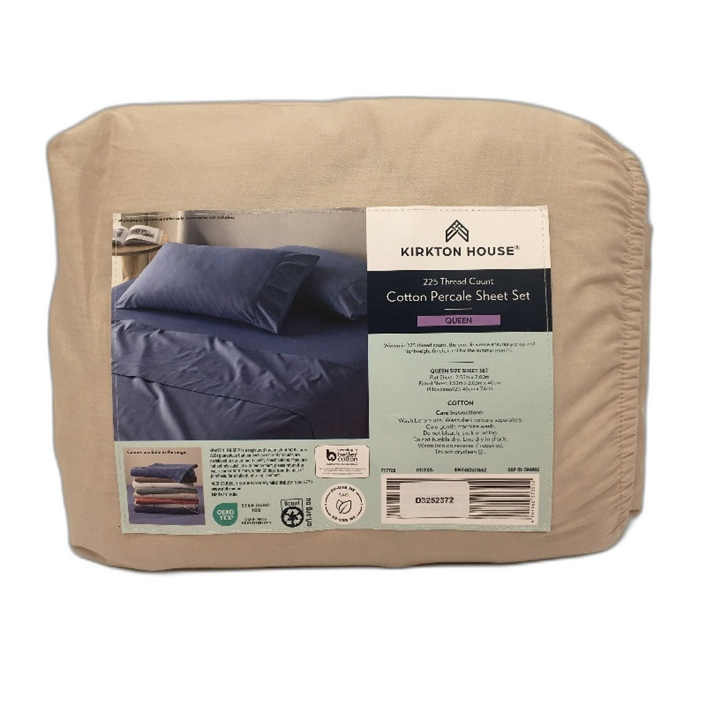 Kirkton House Taupe 225 Thread Count Cotton Percale Sheet Set QUEEN Cream - Durable Lightweight NEW