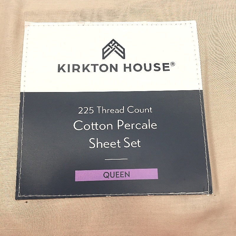 Kirkton House Taupe 225 Thread Count Cotton Percale Sheet Set QUEEN Cream - Durable Lightweight NEW
