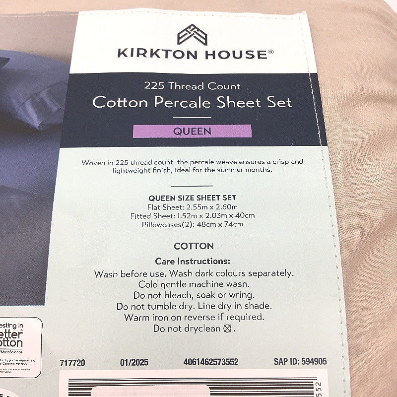 Kirkton House Taupe 225 Thread Count Cotton Percale Sheet Set QUEEN Cream - Durable Lightweight NEW