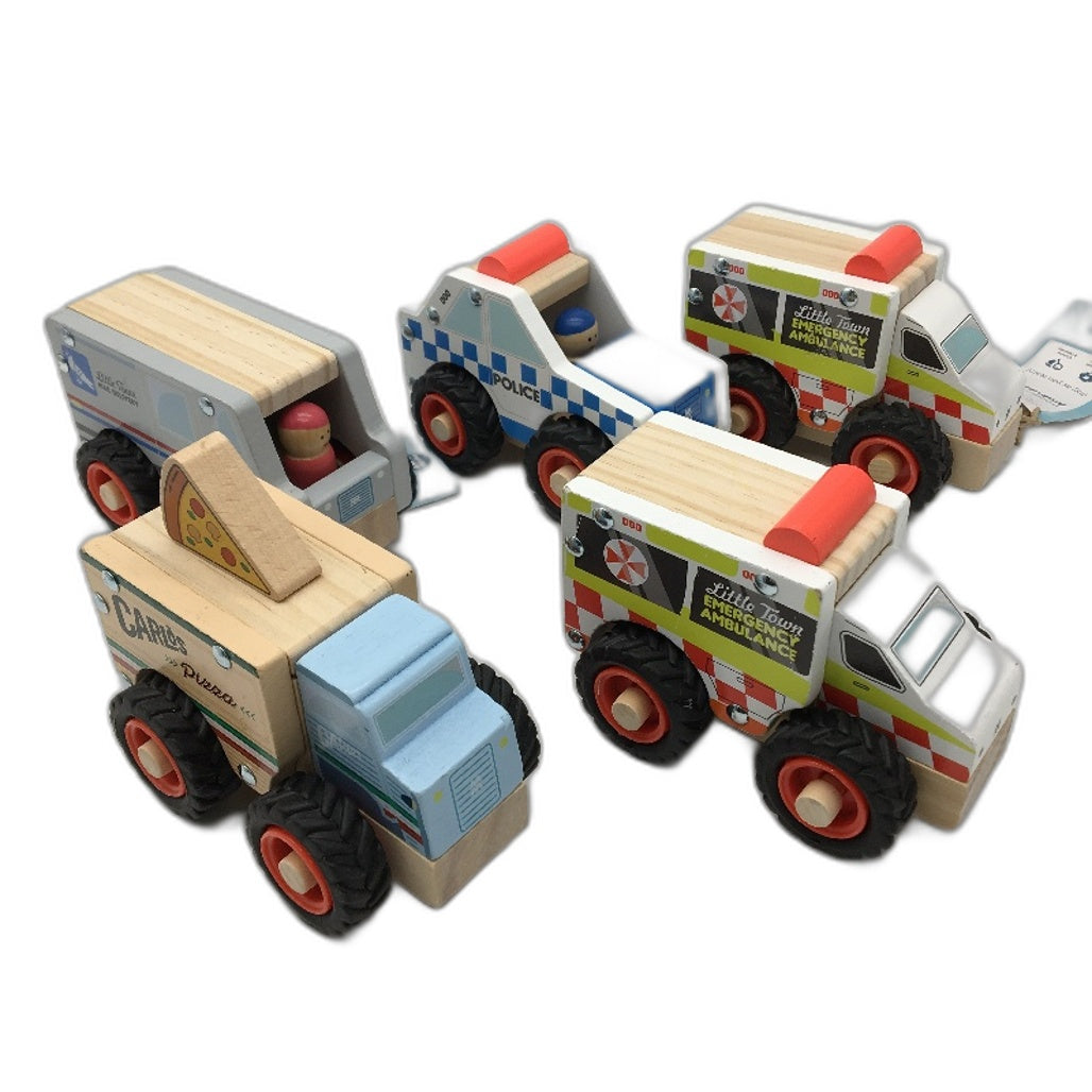 littleTOWN Little Town 5 Piece Wooden Mini Play Set Different Vehicles Car Toys Multicoloured Wood - Durable Lightweight Portable NEW