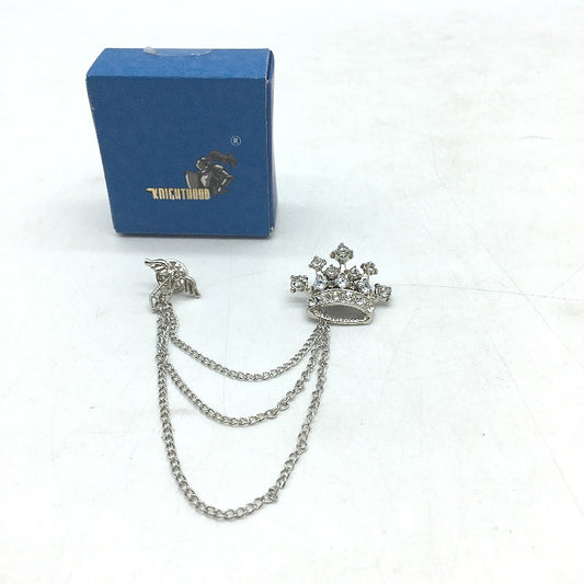 Knighthood Crown Tassel Chain Brooch Lapel Pin Clear Stone Set Silver Colour NEW
