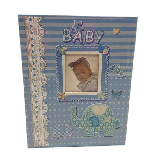 Blue Themed Baby Photo Album Holds 200 Photos In Storage Sleeve NEW