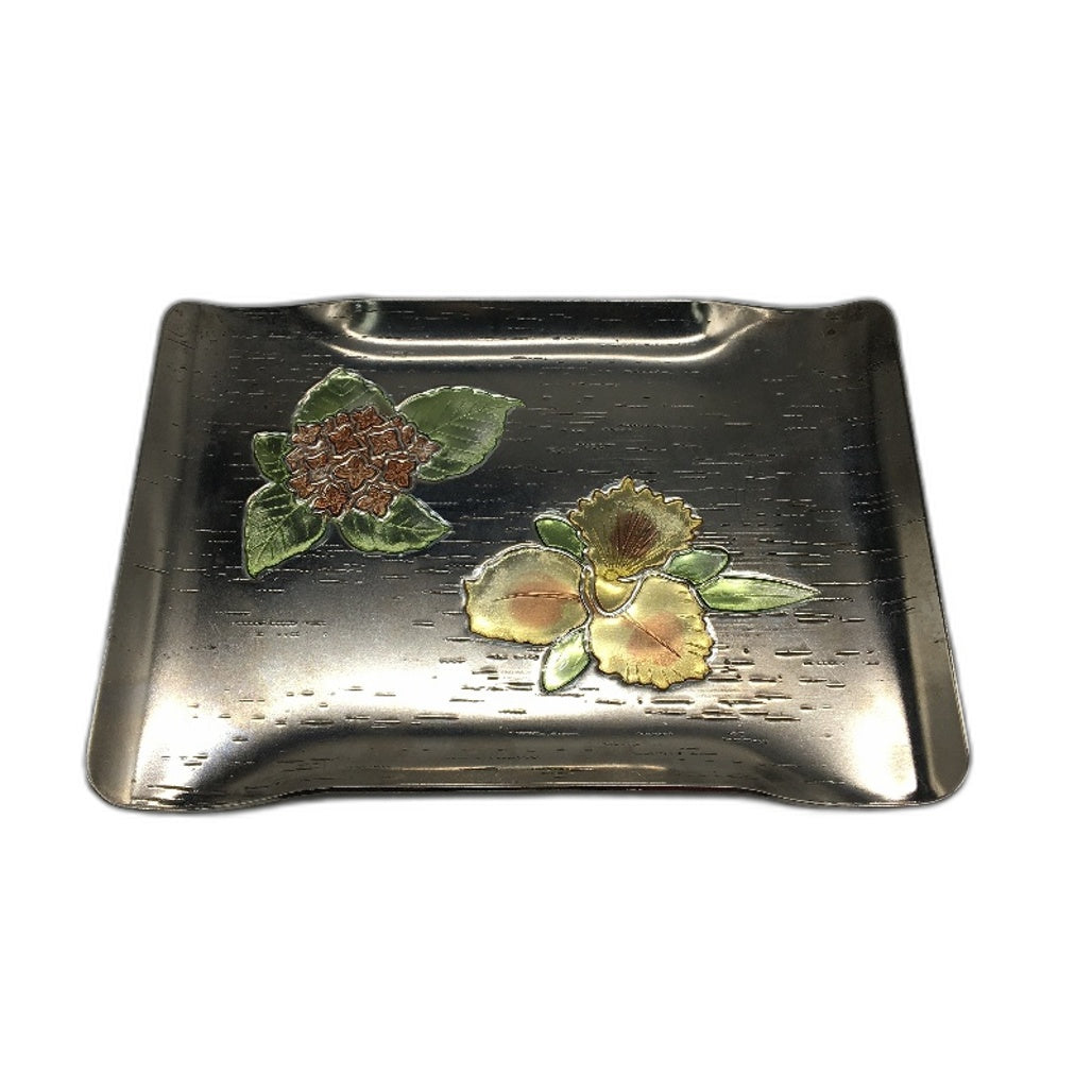 VINTAGE Japanese Silver Coloured Embossed Flower Made In Japan Trinket Tray