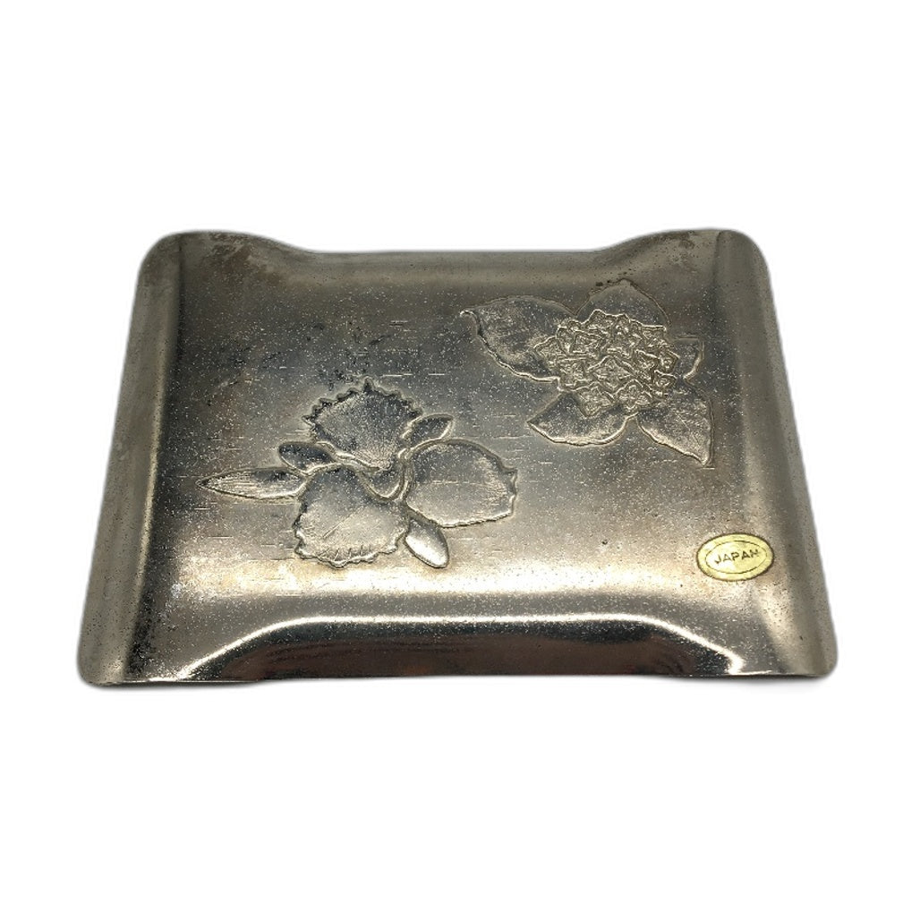 VINTAGE Japanese Silver Coloured Embossed Flower Made In Japan Trinket Tray