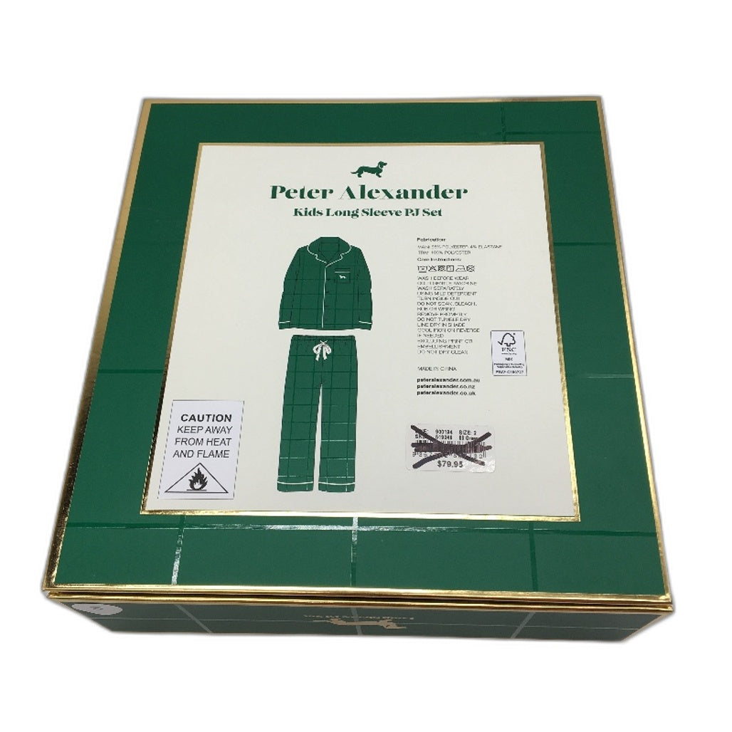 Peter Alexander Junior Green Check Satin Long Pyjama Set Kids Size 2 NEW