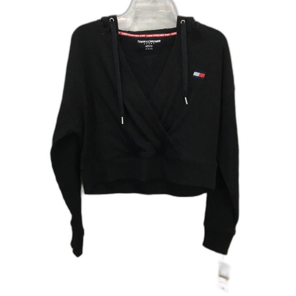 Tommy Hilfiger Ribbed Crop Black Pullover Hooded Sweater Ladies Size Small NEW