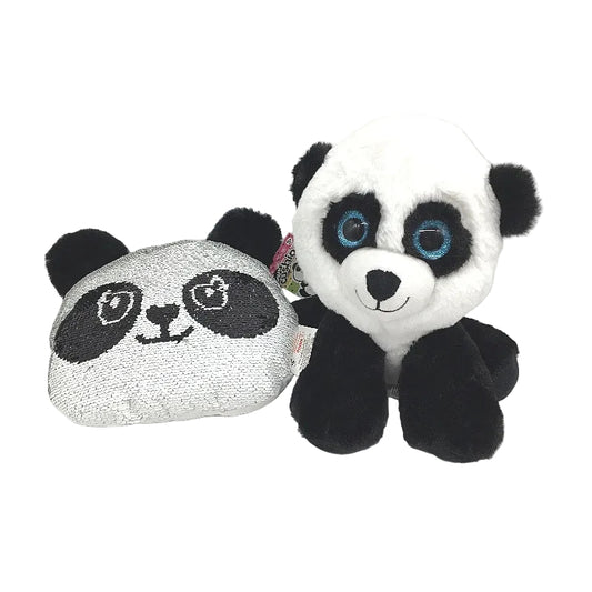 Panda 2 Pack Bundle Fluffy Sitting Plush Toy & Mini Sequin Cushion Age 5Y+ NEW