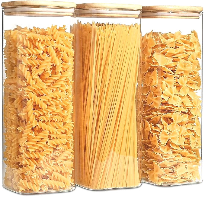 COMSAF 3 Pack Glass Spaghetti Pasta Storage Jar Containers With Bamboo Lids NEW