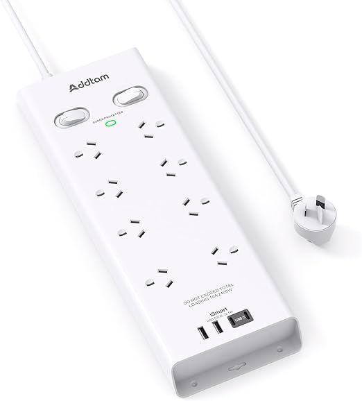 Addtam Surge Protector Power Board Strip 8 Outlets 2x USB & USBC With Switch NEW