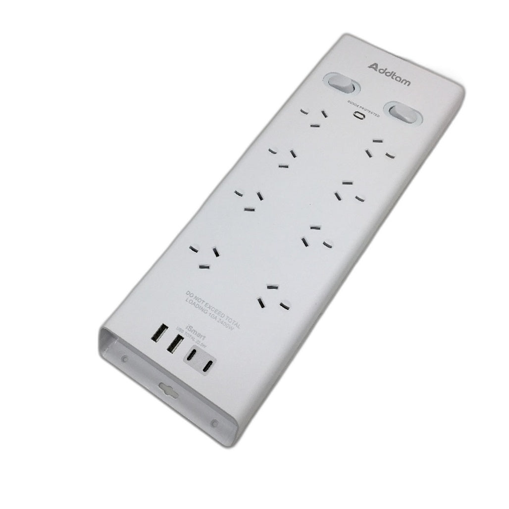 Addtam Surge Protector Power Board Strip 8 Outlets 2x USB & USBC With Switch NEW