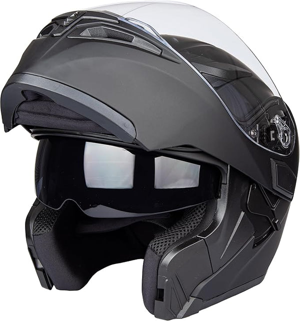 JIEKAI Flip Up Motorbike Helmet Dual Visor Sun Shield Matte Black Size Large NEW