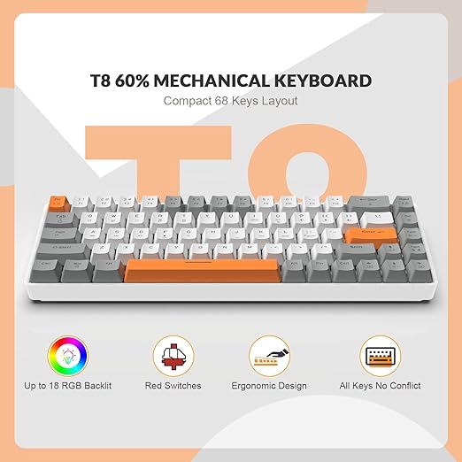 ZiYou Lang T8 68 Key RGB Backlight Mechanical Keyboard in Grey White Orange NEW