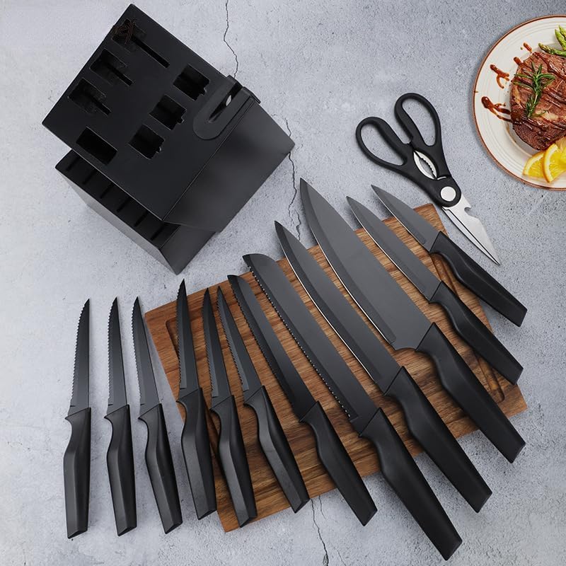 Homodoskey 15 Piece Black High Carbon Stainless Steel Knife Set NEW