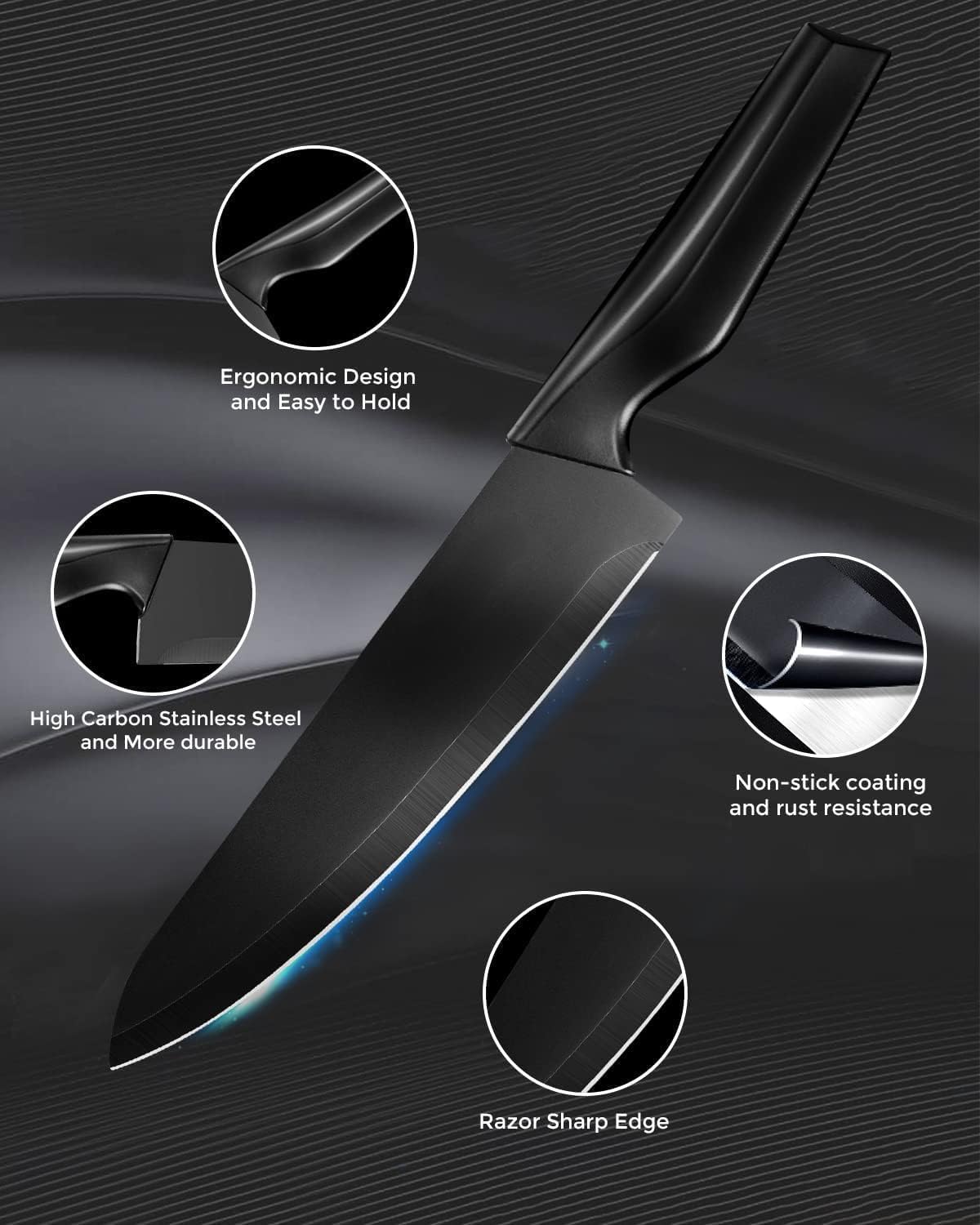 Homodoskey 15 Piece Black High Carbon Stainless Steel Knife Set NEW