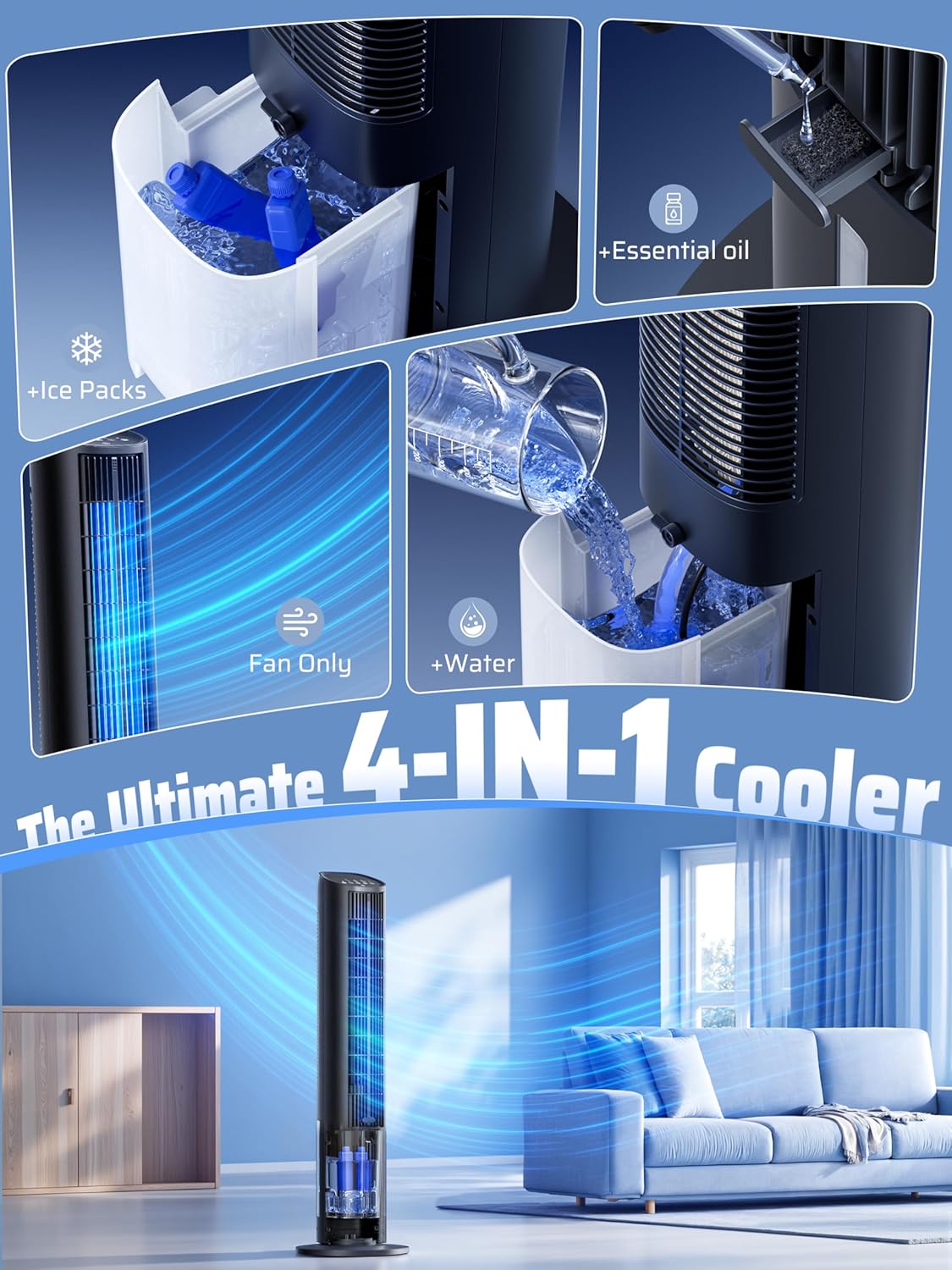 NAILGILRS 3L 75W Bladeless Oscillating Standing Tower Air Cooling Fan NEW