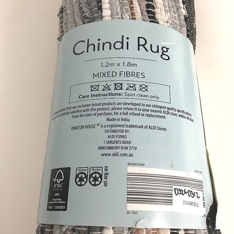 Kirkton House Hand Crafted Mixed Fibre Grey Tones Chindi Rug 120 x 180cm NEW