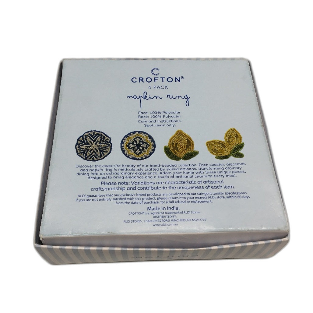 Crofton Beaded Blue & Lemons 6 Placemat & 4 Matching Napkin Ring Holder Set NEW