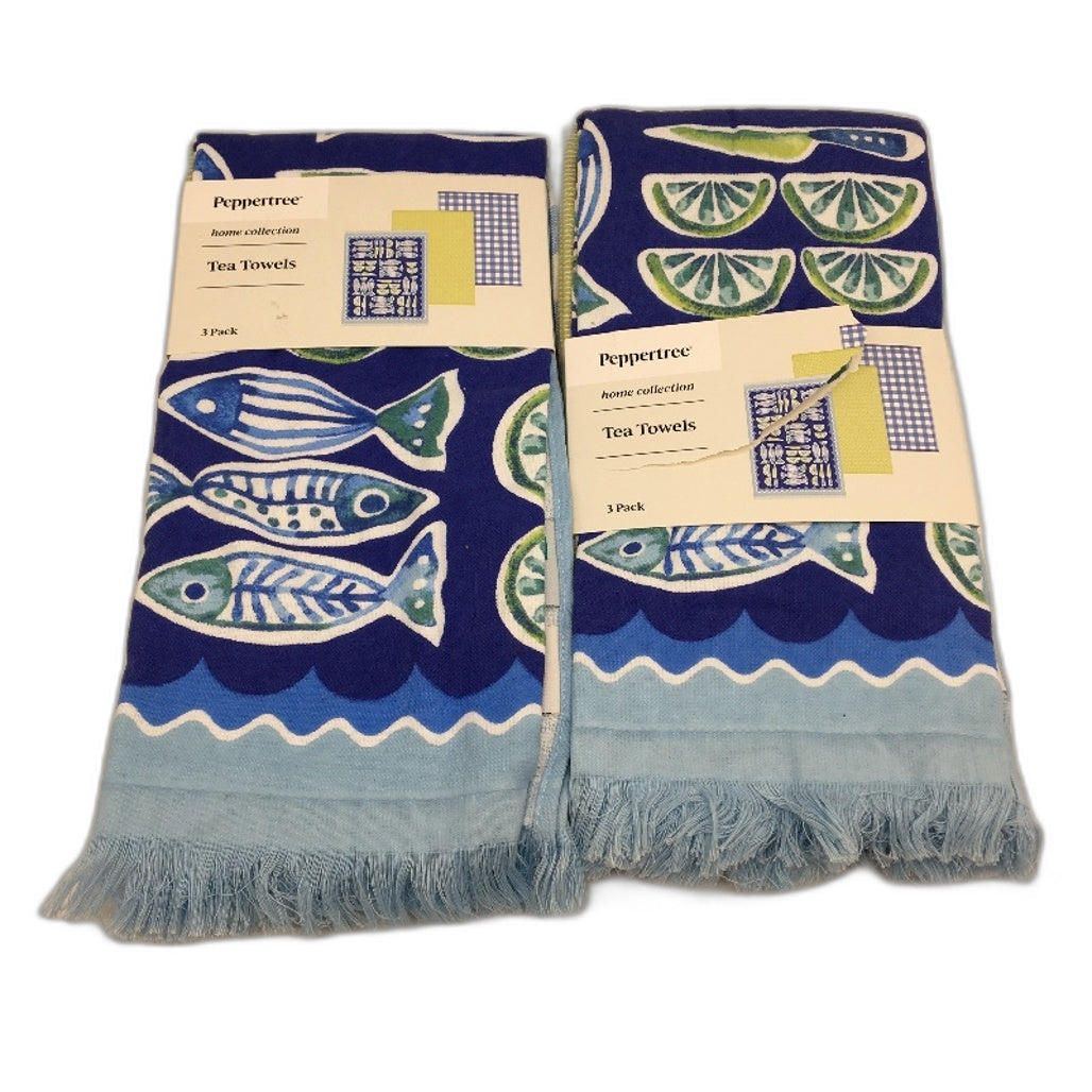 Peppertree Home Collection 6 Pack Blue Green 100% Cotton Tea Towel Pack NEW