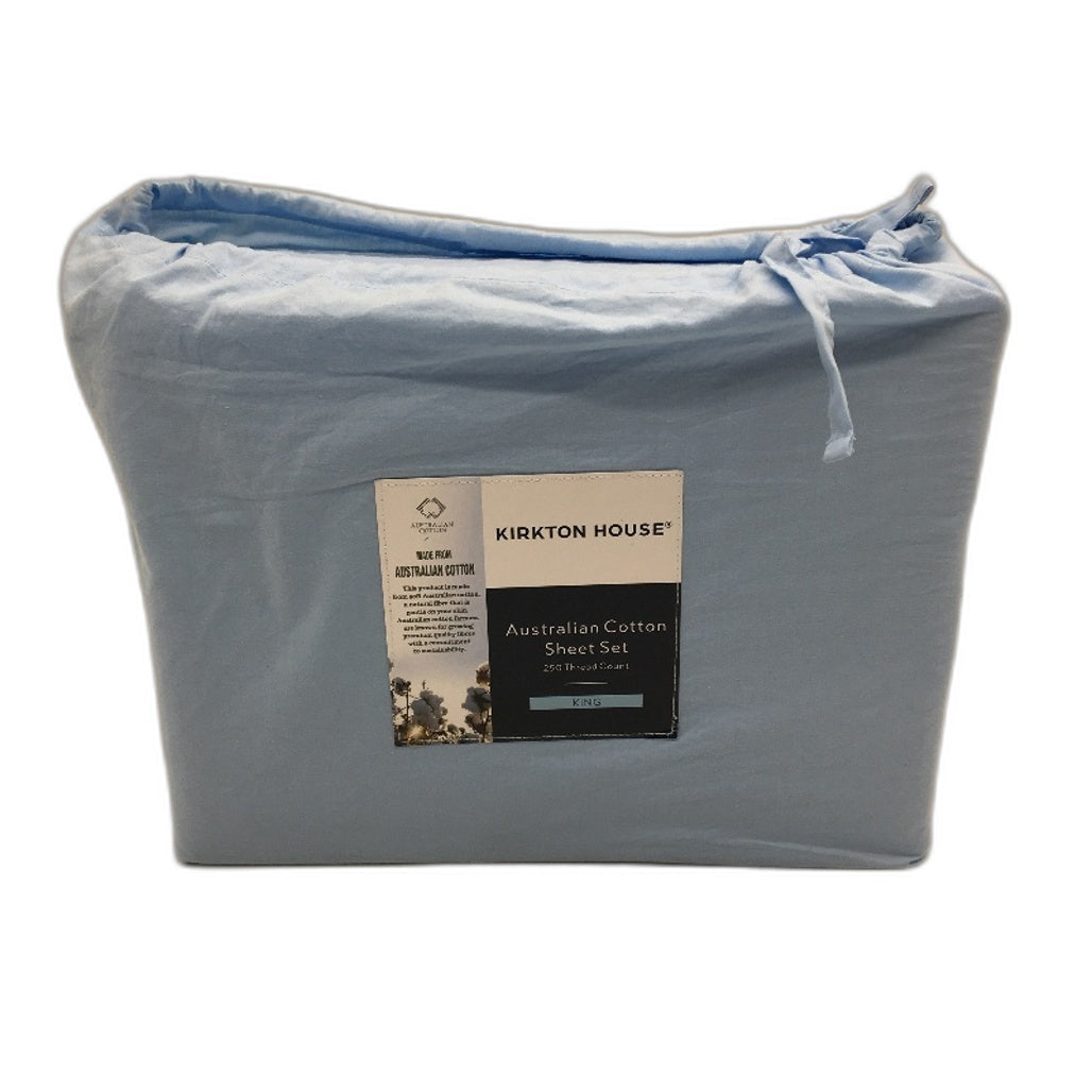 Kirkton House Light Blue 250 TC Australian Cotton Fitted Sheet Set KING Size NEW