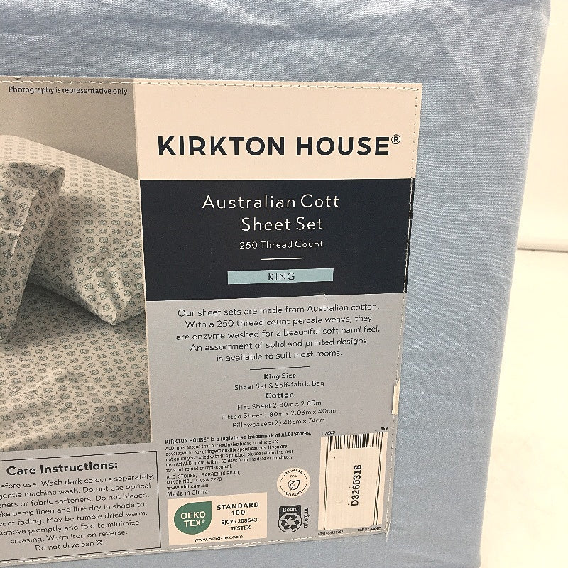 Kirkton House Light Blue 250 TC Australian Cotton Fitted Sheet Set KING Size NEW