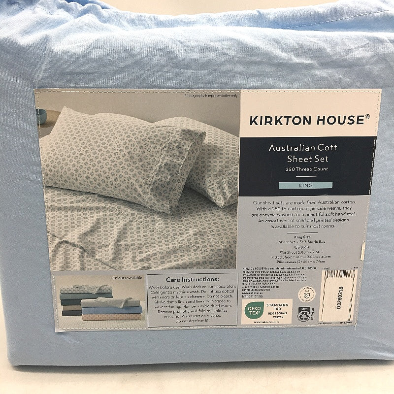 Kirkton House Light Blue 250 TC Australian Cotton Fitted Sheet Set KING Size NEW