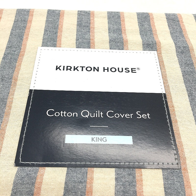 Kirkton House Navy & Tan Ruffle Edge 100% Cotton Quilt Cover Set KING Size NEW