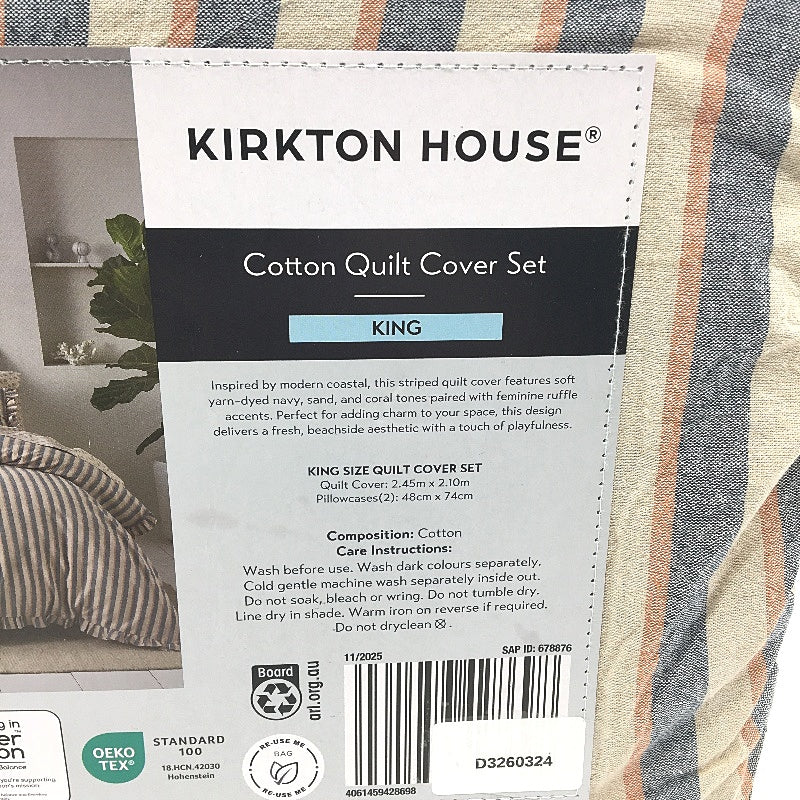 Kirkton House Navy & Tan Ruffle Edge 100% Cotton Quilt Cover Set KING Size NEW
