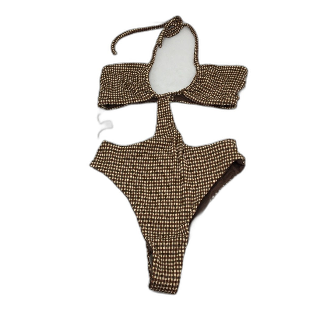 Subtitled Brown Tones Ribbed Halter Neck One Piece Swimsuit Ladies Size M NEW