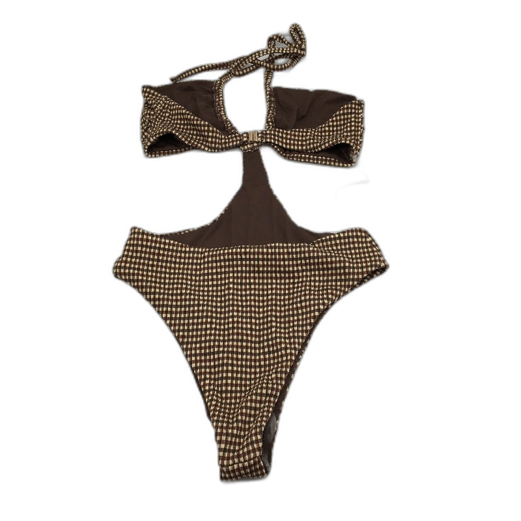 Subtitled Brown Tones Ribbed Halter Neck One Piece Swimsuit Ladies Size M NEW