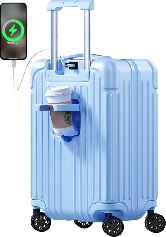 Krute 20" Carry On Blue HardShell Luggage Suitcase USB TSA Lock & Cup Holder NEW