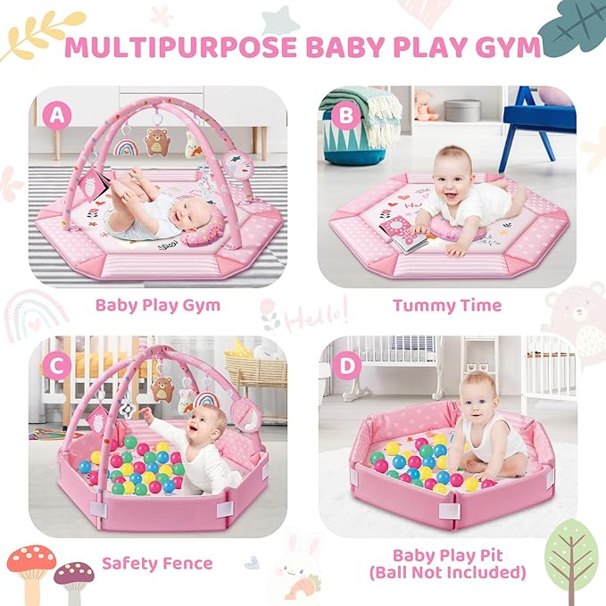 Baby Gym Play Mat Tummy Time Ball Pit Early Learning Sensory Toys Pink 0-18M NEW