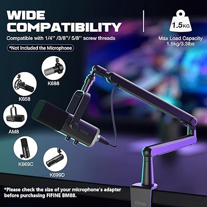 Fifine BM88 Microphone Boom Arm Low Profile Mic Stand Desk Mount Clamp Black NEW