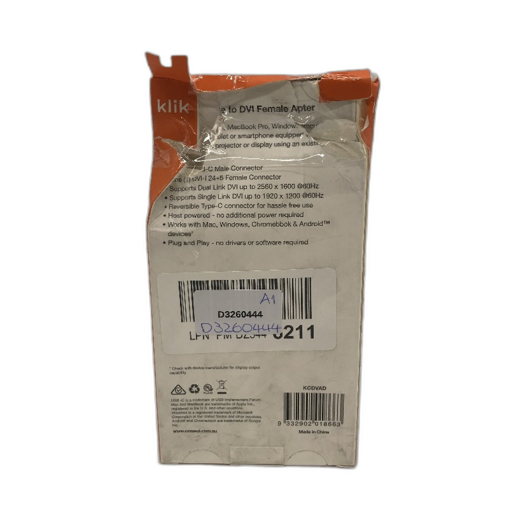 Klik USB C Type C Male To DVI Female Display Monitor Adapter Compact Design NEW