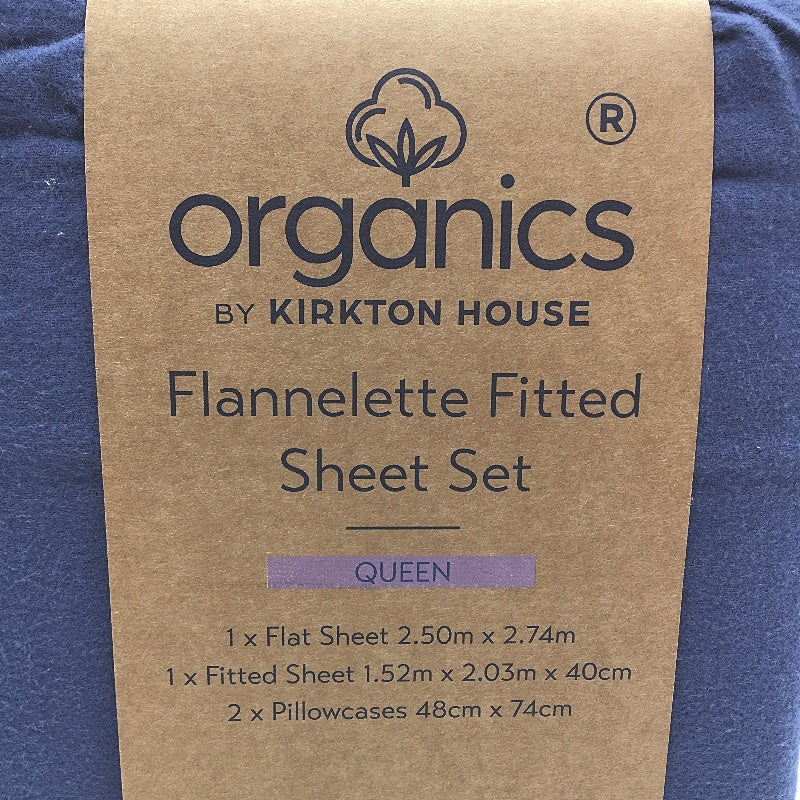 Organics by Kirkton House Flannelette Fitted Navy Blue Sheet Set QUEEN NEW